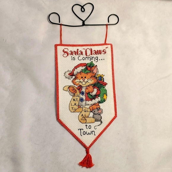 Cross Stitch Christmas Banner Cat Santa Claws Dimensions  Metal Hanger - Picture 2 of 7